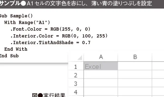 Excel VBA セルの色:セルの背景色や文字色を変更する方法 1 excel vba e382bbe383abe381aee889b2efbc9ae382bbe383abe381aee8838ce699afe889b2e38284e69687e5ad97e889b2e38292e5a489e69bb4e38199e3828be696b9